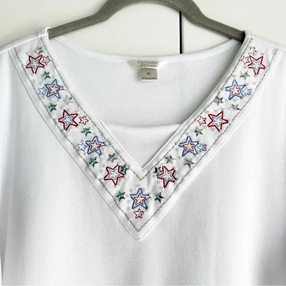 Christopher & Banks Embroidered T Shirt XL V Neck Pearls Sequins USA Olympics - Picture 2 of 7